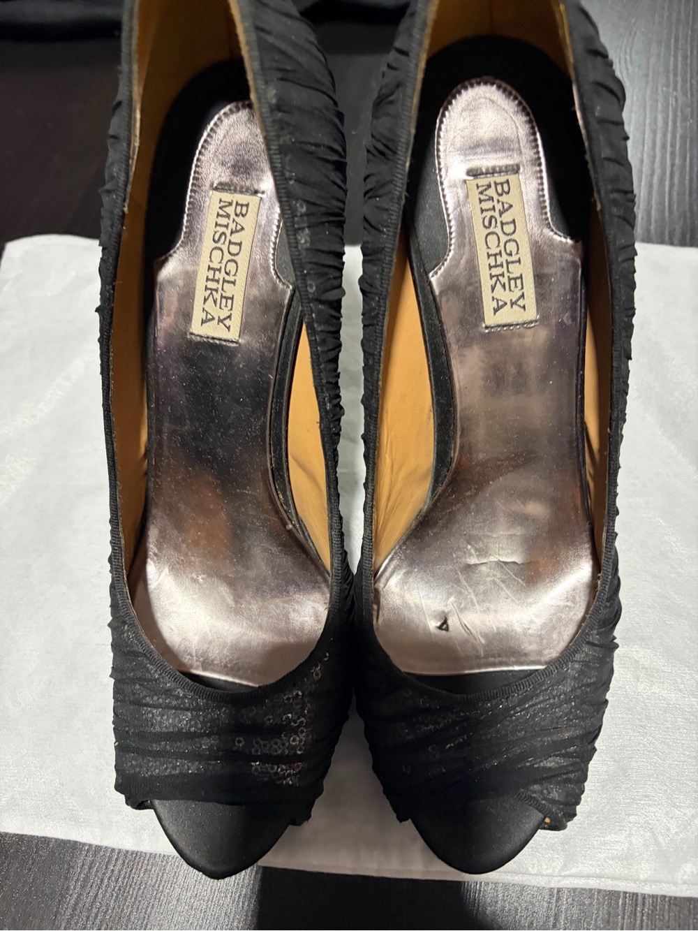 Badgley Mischka Black Ruched Peep-Toe Heels with Subtle Sequins